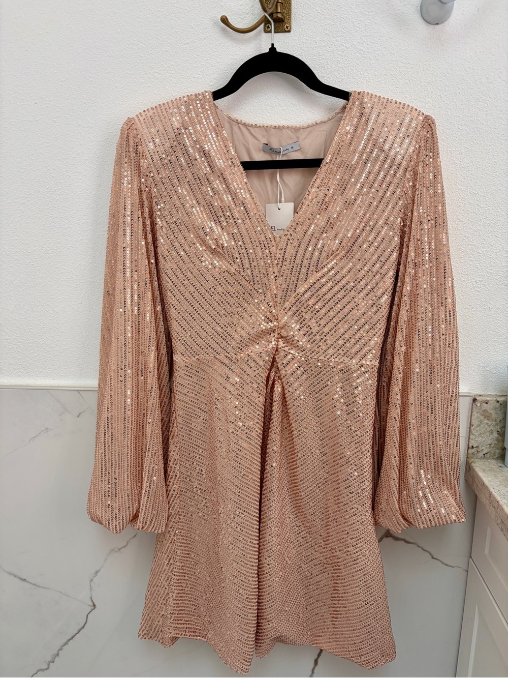 Long Sleeve Sequin V-Neck Mini Dress in Champagne